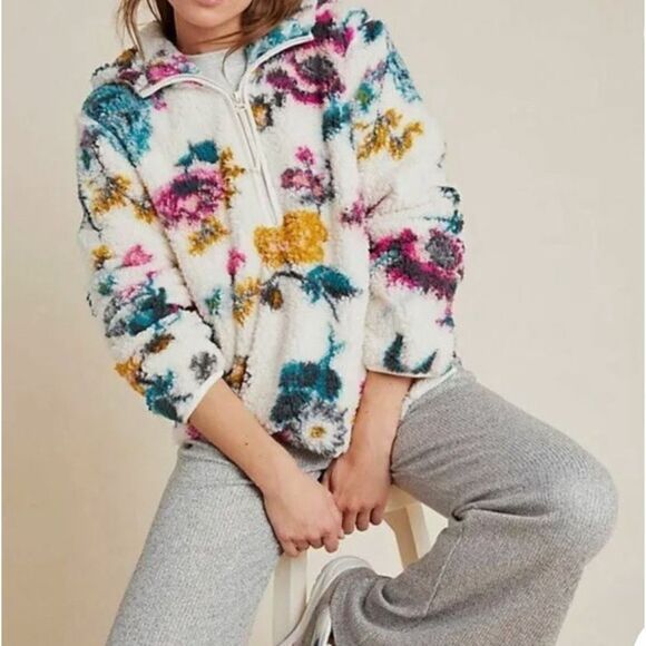 ANTHROPOLOGIE Saturday Sunday Rosemarie Hooded Sherpa Jacket Teddy Sweater Flora - Picture 1 of 12